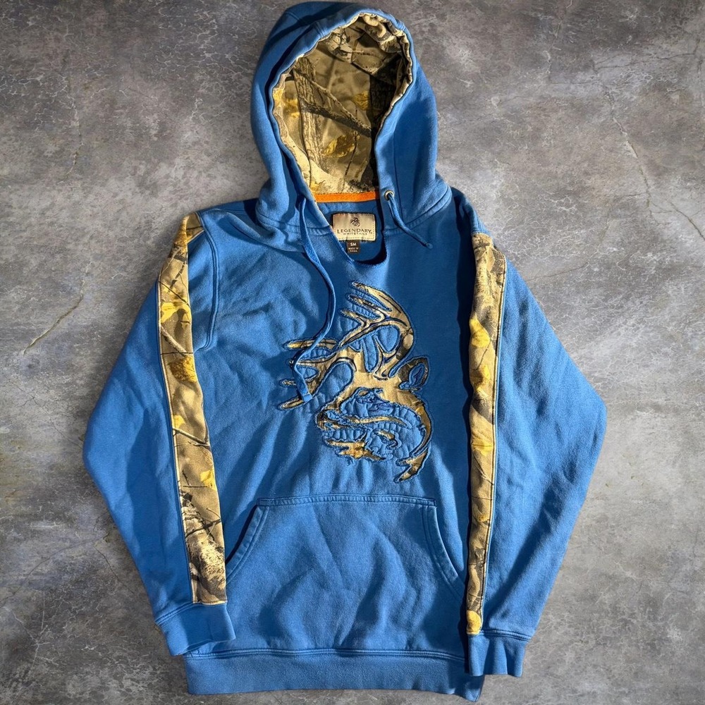 Legendary Whitetails Mens Blue Camo Deer Buck Graphic Hunting Hoodie Small